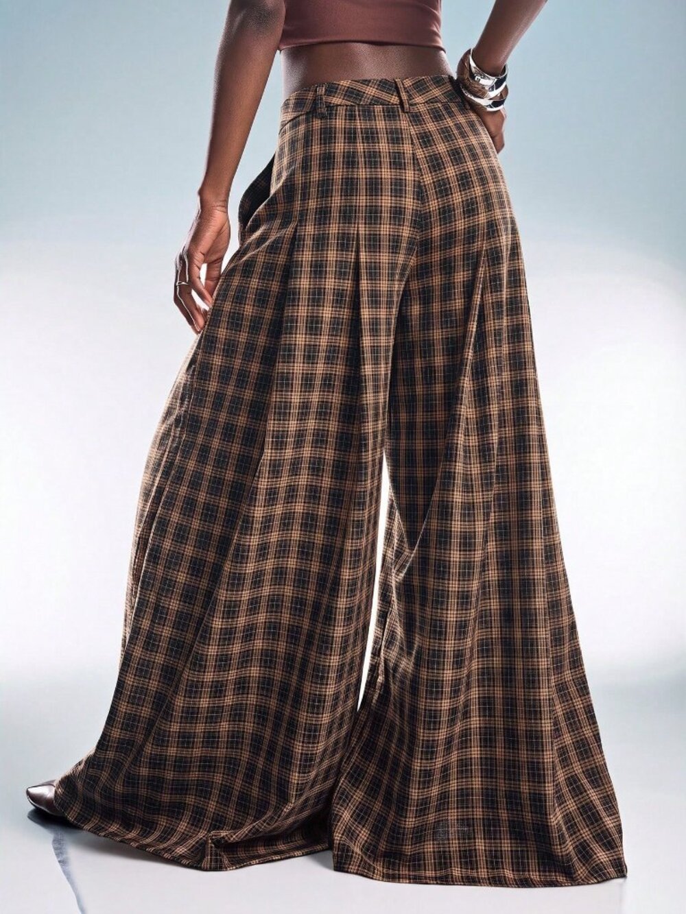Multicolor Casual Women's Plaid Zipper Fly Pocket Loose Wide Leg Long Pants - Picture 2 of 6